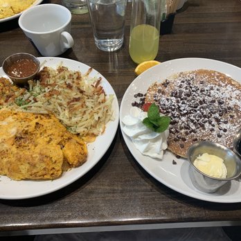 Eggstasy - Dali omelet with hash browns and chocolate chip pancakes - Breakfast & Brunch Near Me - Chandler, Arizona