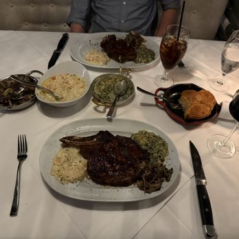 Steak 48 - bone in kansas city strip, bone in ribeye, dinner rolls, mushrooms, off the menu seafood mashed potatoes, and creamed spinach and asparagus - Steakhouses Near Me - Beverly Hills, California