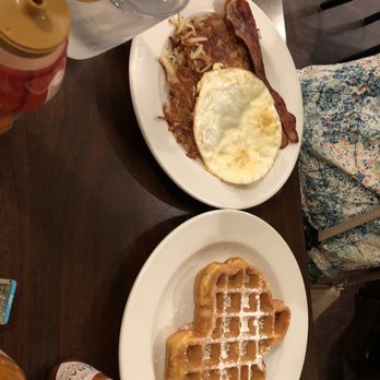 Egg House Cafe - The waffle combo switched sausage to hash browns - Breakfast & Brunch Near Me - Denton, Texas