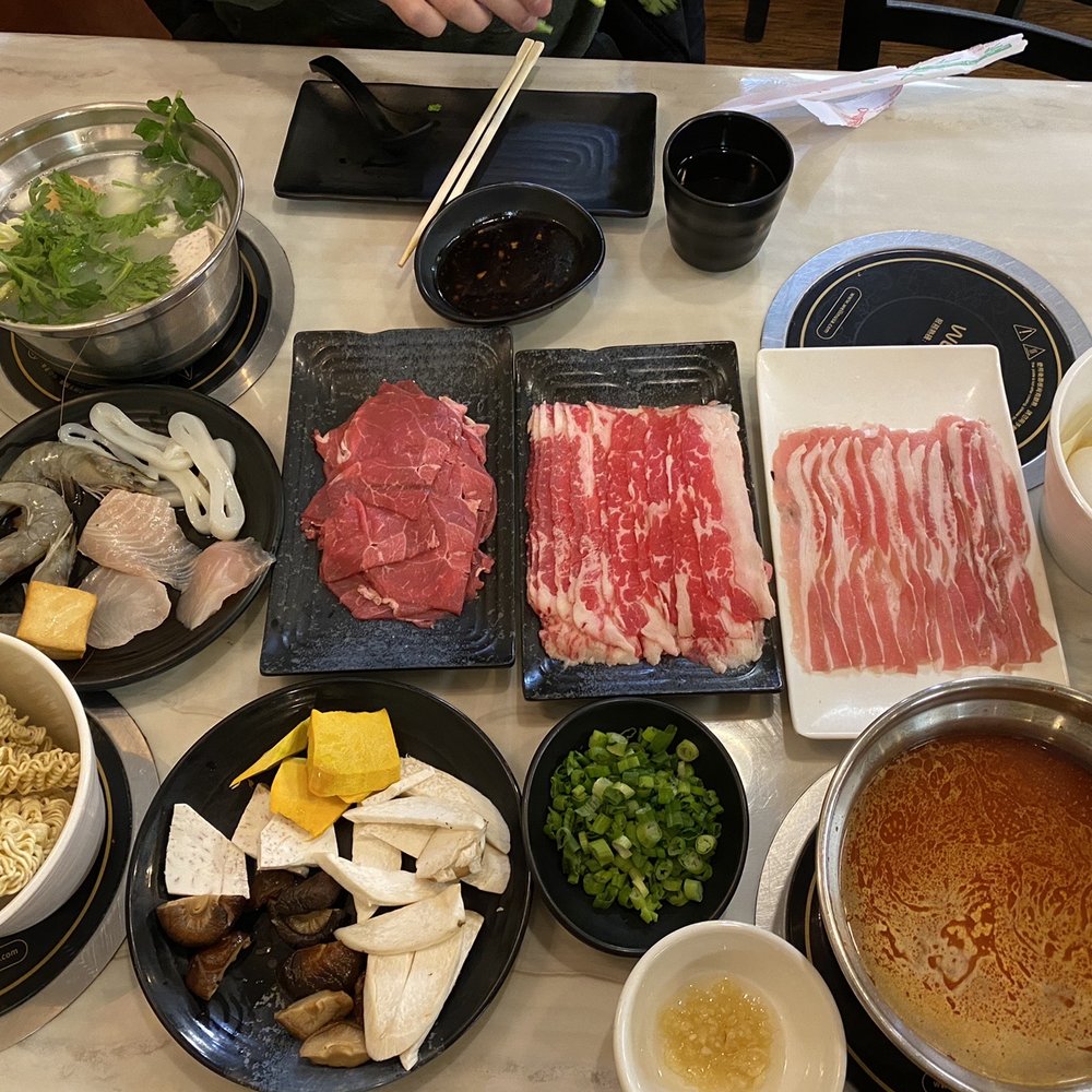 Yummy Hot Pot - Top to Bottom, Left to Right: Pork Bone Broth, Lamb, Beef, Pork Belly, Instant Noodles, Tomyum Broth - Hot Pot Near Me - Denver, Colorado Yummy Hot Pot - Top to Bottom, Left to Right: Pork Bone Broth, Lamb, Beef, Pork Belly, Instant Noodles, Tomyum Broth - Hot Pot Near Me - Denver, Colorado