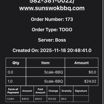 Sun's Wok and Mongolian BBQ - Just a really weird looking receipt. - Chinese Near Me - South Gate, California Sun's Wok and Mongolian BBQ - Just a really weird looking receipt. - Chinese Near Me - South Gate, California
