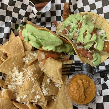Off The Hook Fish Grill - Potato taco and fish tacos with chips - Seafood Near Me - Whittier, California