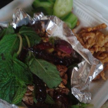 Kim Thai Food - Take-out spicy Larb pork with fried pork skin add-on for extra crunch. Yum! - Thai Near Me - Los Angeles, California Kim Thai Food - Take-out spicy Larb pork with fried pork skin add-on for extra crunch. Yum! - Thai Near Me - Los Angeles, California