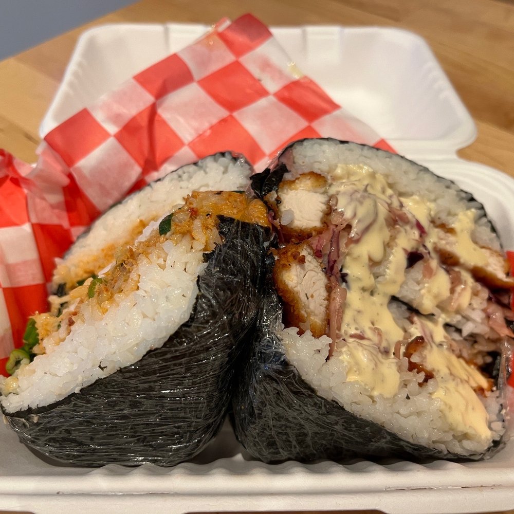 Capital Musubi - Spicy Salmon (left) & Chicken Musubi (right)~ Too much rice... - Hawaiian Near Me - Chantilly, Virginia Capital Musubi - Spicy Salmon (left) & Chicken Musubi (right)~ Too much rice... - Hawaiian Near Me - Chantilly, Virginia