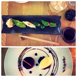 Vegetarian nigiri selection and the sumptuous dark chocolate fondant.