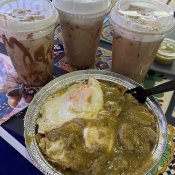 Buenos Dias Cafe - Chilaquiles con puerco en chile verde, mazapán lattes, and uno de cajeta con galleta María. - Coffee & Tea Near Me - Colton, California
