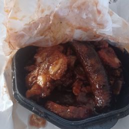 Rib tips and hot link after I hate eaten some. Rib tips and hot link after I hate eaten some.