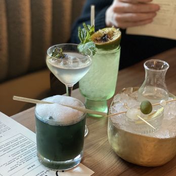 Joyce - Cocktails! Hootie Hoo (dark foamy one), Valerie's Voodoo (tall green one), mother of pearl martini - Southern Near Me - Los Angeles, California
