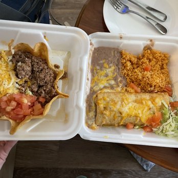 Las Fajitas Mexican Restaurant - Left: ground beef taco salad. Right: shredded beef chimichanga with green chili on side (separate container further right) - Mexican Near Me - Aurora, Colorado