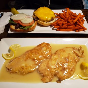 Angelina's Restaurant & Pizzeria - Chicken Frances (lemon chicken) and hamburger with sweet potatobfries - Pizza Near Me - Cold Spring, New York Angelina's Restaurant & Pizzeria - Chicken Frances (lemon chicken) and hamburger with sweet potatobfries - Pizza Near Me - Cold Spring, New York