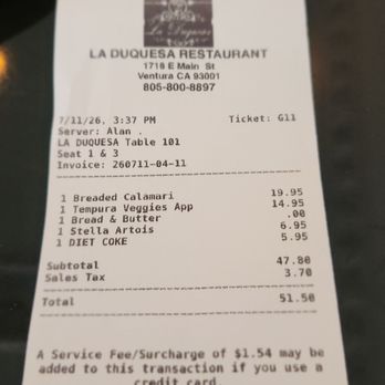 La Duquesa - A service fee will be included if paying by credit card. - Breakfast & Brunch Near Me - Ventura, California