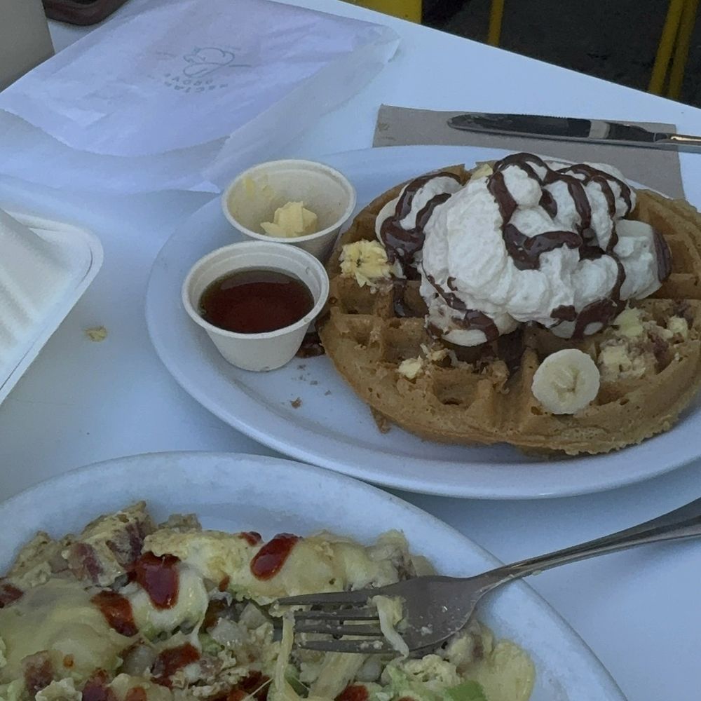 Nectarine Grove - Banana Chocolate Waffle Bacon Cheddar Scramble - New American Near Me - Encinitas, California Nectarine Grove - Banana Chocolate Waffle Bacon Cheddar Scramble - New American Near Me - Encinitas, California