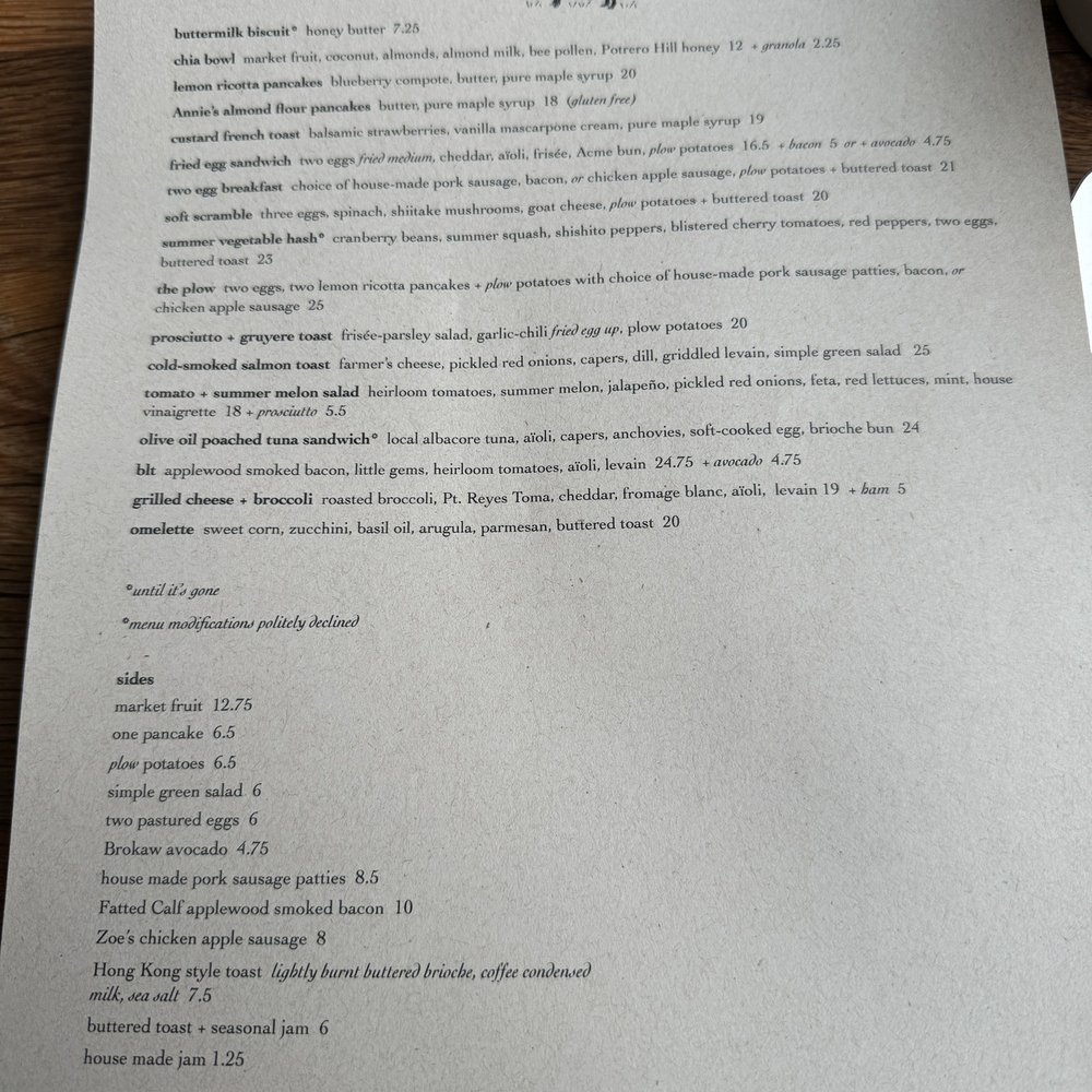 Plow - Menu August 2024 - Breakfast & Brunch Near Me - San Francisco, California Plow - Menu August 2024 - Breakfast & Brunch Near Me - San Francisco, California