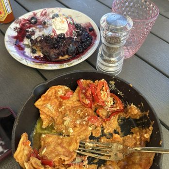 Sugar and Scribe  - Blazin' Chilaquiles Skillet Blueberry Love Pancake - Bakeries Near Me - La Jolla, California