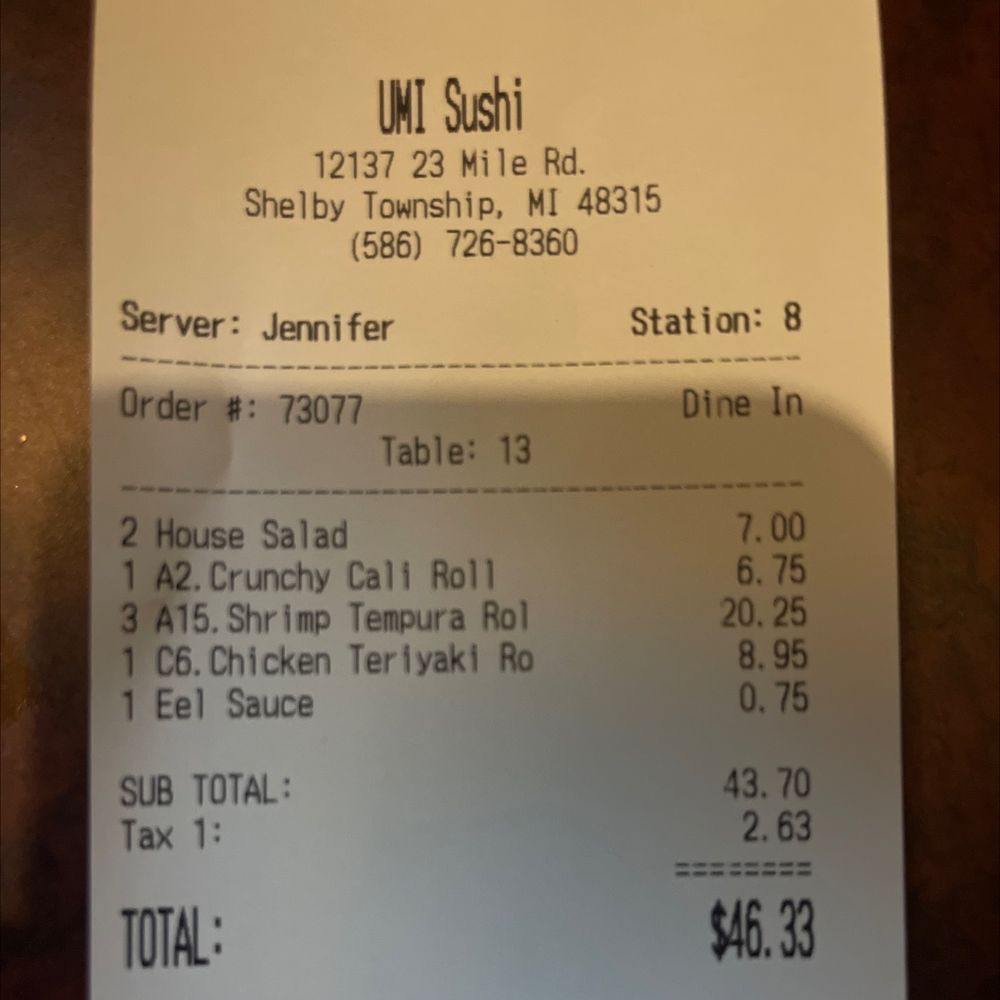 Umi Sushi - The bill - Japanese Near Me - Shelby Township, Michigan Umi Sushi - The bill - Japanese Near Me - Shelby Township, Michigan