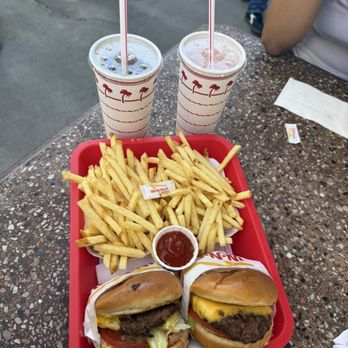 In-N-Out Burger - 2 cheeseburgers, 2 french fries, two medium beverages; the #2 meal - Fast Food Near Me - Hollywood, California In-N-Out Burger - 2 cheeseburgers, 2 french fries, two medium beverages; the #2 meal - Fast Food Near Me - Hollywood, California