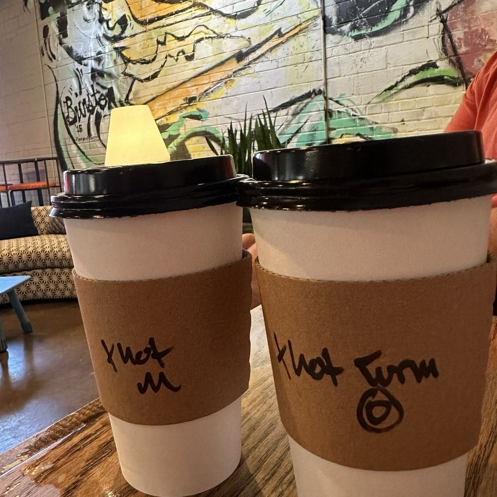 Extra hot Mocha and extra hot Turmeric Latte with oat milk Extra hot Mocha and extra hot Turmeric Latte with oat milk
