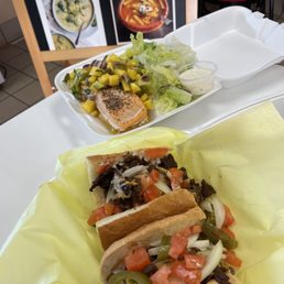 Salmon with Mango Salsa (back), bulgogi sandwich (front)