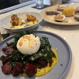 Beet Salad, oysters, and deviled egg with fried chicken.  Yummy
