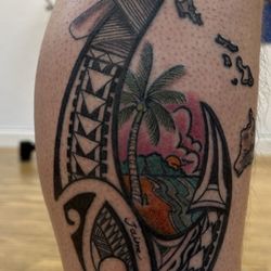 Sacred Ties Tattoo - This is the Hawaiian bone Hook with Hawaiian islands and the beach in the center of the hook. Adam did this one and this was my husbands leg