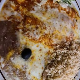 Two cheese enchiladas beans and rice