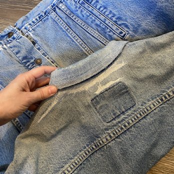 Salvage Studio - Machine darned Repair at collar and shoulders of vintage denim jacket - Sewing & Alterations Near Me Salvage Studio - Machine darned Repair at collar and shoulders of vintage denim jacket - Sewing & Alterations Near Me