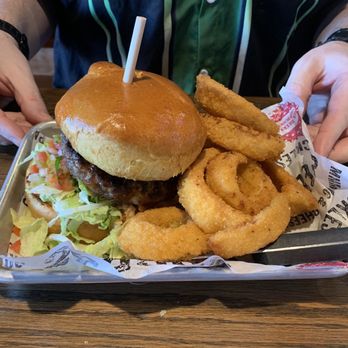 Cold Beers & Cheeseburgers - Juicy Lucy-fer burger with Onion Rings - Burgers Near Me - Maricopa, Arizona