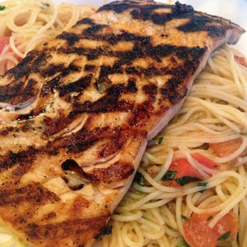 Fish Grill - Freshly-Grilled Salmon Fillet over a bed of angel-hair pasta with fresh tomatoes & Basil. YUMMM!!! - Kosher Near Me - Los Angeles, California