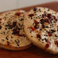 Doppio Coffee - Chili Oil Cream Cheese Bagel made with in house chili oil