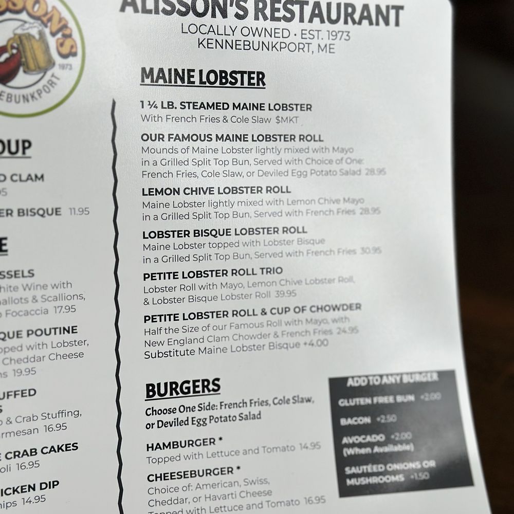 Alisson's Restaurant - Menu - Seafood Near Me - Kennebunkport, Maine