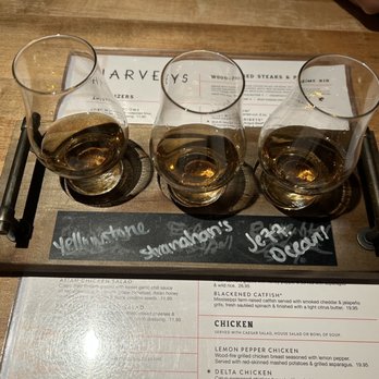 Harveys - Whiskey flight that was suggested by our server. You can pick three to try! - Seafood Near Me - Columbus, Mississippi