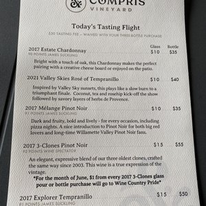 Photo of Compris Vineyard - Newberg, OR, United States. Tasting flight from 6-12-22
