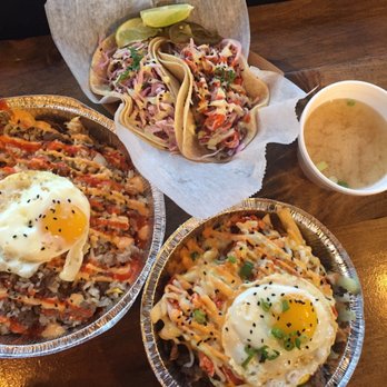 Coreanos Allston - Miso Chicken taco, Sweet Bulgogi taco, miso soup (comes w Coreanos Bowl), Kimchi Freitas w Kalbi, Coreanos Bowl w Beef - Korean Near Me - Allston, Massachusetts