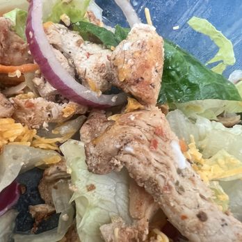 George's Burgers - Hair wrapped around a piece of chicken in my salad - Burgers Near Me - Rialto, California