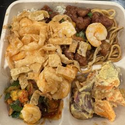 Fried rice & chow mein, garlic shrimp & orange mango chicken, spicy zucchini mushroom, Japanese sweet potato Fried rice & chow mein, garlic shrimp & orange mango chicken, spicy zucchini mushroom, Japanese sweet potato