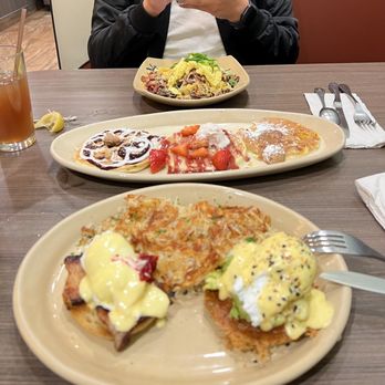 Snooze, an A.M. Eatery - Pork belly and avocado Benedict, pancake trio - Breakfast & Brunch Near Me - Orange, California
