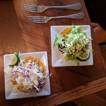 Ravens' Restaurant - Tacos- one trumpet modeled after an al pastor (left), the other portobello (right) - Vegan Near Me - Mendocino, California