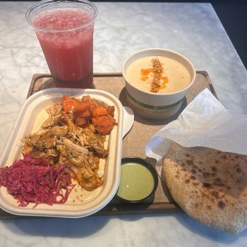 Brassica - Hummus bowl with pita, cauliflower and tahini soup, and their specialty lemonade. - Salad Near Me - Westlake, Ohio