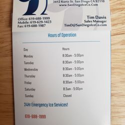 California Ice Company - Hours of operation/Tim's Business Card