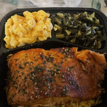 Tomeka's Homestyle Eatery - Honey garlic salmon with collard greens and Mac and cheese - Soul Food Near Me - Dover, Delaware Tomeka's Homestyle Eatery - Honey garlic salmon with collard greens and Mac and cheese - Soul Food Near Me - Dover, Delaware