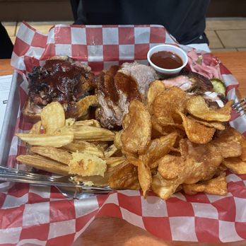 Famous Dave's - Three 3 Meat Combo (Georgia Chopped Pork, Tri-Tip, Rib Tips) with Fries and BBQ chips - Barbeque Near Me - Rancho Cucamonga, California