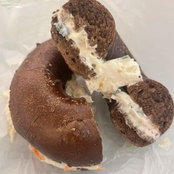 Straight From New York Bagels - Toasted pumpernickel bagel with veggie cream cheese - Bagels Near Me - Naples, Florida