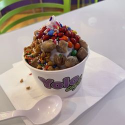Yolo Cafe - Original Frozen Yogurt with cookie dough topping, rainbow sprinkles, mini m&ms and peanut butter chips