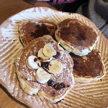 Tandem - Pancakes with banana and chocolate chips added ($1 each) - scrumptious! - New American Near Me - Carrboro, North Carolina Tandem - Pancakes with banana and chocolate chips added ($1 each) - scrumptious! - New American Near Me - Carrboro, North Carolina