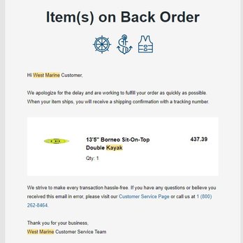 West Marine - Backorder notification from Aug 27th - Boating Near Me - Port Hueneme, California West Marine - Backorder notification from Aug 27th - Boating Near Me - Port Hueneme, California