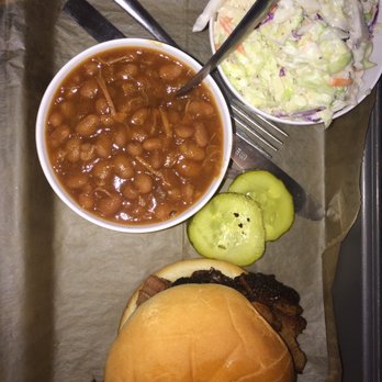 Mark's Feed Store - Lunch size brisket sandwich with sides of cole slaw and baked beans. - Barbeque Near Me - Louisville, Kentucky Mark's Feed Store - Lunch size brisket sandwich with sides of cole slaw and baked beans. - Barbeque Near Me - Louisville, Kentucky