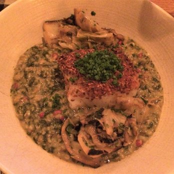 Upland - Flaxseed Crusted Cod, cracked wheat risotto, mushroom conserva + smoked cabbage ($34 as of July 2018) - New American Near Me - New York, New York Upland - Flaxseed Crusted Cod, cracked wheat risotto, mushroom conserva + smoked cabbage ($34 as of July 2018) - New American Near Me - New York, New York
