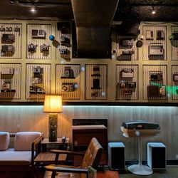 Inside the bar, retro cameras.