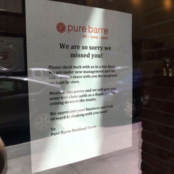 Pure Barre - Pearl District - Sign left by new management after kicking out the owner with minutes. This flyer is a lie- they will not be open again for 10 days. - Barre Classes Near Me - Sherwood, Oregon Pure Barre - Pearl District - Sign left by new management after kicking out the owner with minutes. This flyer is a lie- they will not be open again for 10 days. - Barre Classes Near Me - Sherwood, Oregon