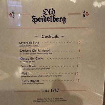 Old Heidelberg - The cocktail menu - Pretzels Near Me - New Haven, Connecticut